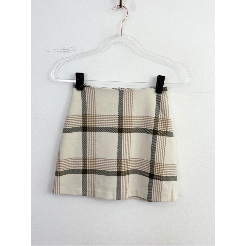 Wilfred by Aritzia Plaid Mini Skirt Cream Brown Check Size 00